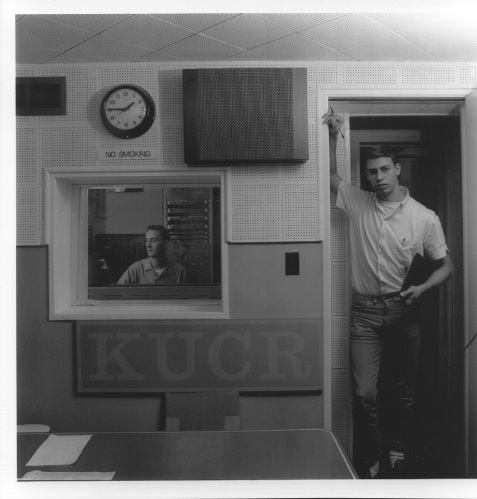Original KUCR station manager Hans Wynholds (in doorway) and founding engineer Bill Farmer. Photography by Ansel Adams, Fall 1966.